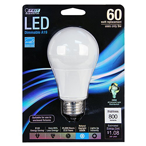 Feit Electric BPOM60/850/LED Dimmable Multi-Use Led Bulb, 9.5 W, 120 V, A19, Medium Screw E26, 25000 Hr, Daylight