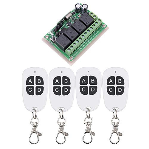 12V RF Wireless Remote Control Switch 10A Universal 4-Channel 433MHz Remote Relay Switch for LED Lamp, Lights, Motor, DIY Function & More (4 Transmitters with 1 Receiver)