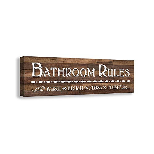 Kas Home Vintage Bath Canvas Wall Art | Rustic Bathroom Rules Prints Signs Framed | Bathroom Laundry Room Decor (5.5 X 16.5 inch, Bathroom - 1)