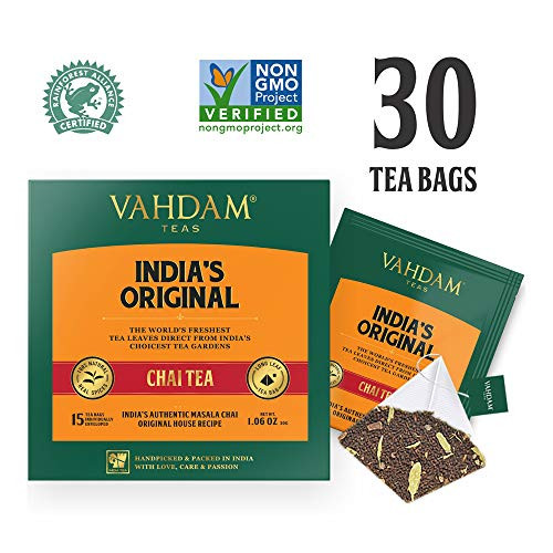 VAHDAM, India's Original Masala Chai Tea Bags, 30 TEA BAGS, 100% NATURAL SPICES & NO ADDED FLAVOURING - Blended & Packed in India - Black Tea, Cardamom, Cinnamon, Black Pepper & Clove VAHDAM, India's Original Masala Chai Tea Bags, 30 TEA BAGS, 100% NATURAL SPICES & NO ADDED FLAVOURING - Blended & Packed in India - Black Tea, Cardamom, Cinnamon, Black Pepper & Clove