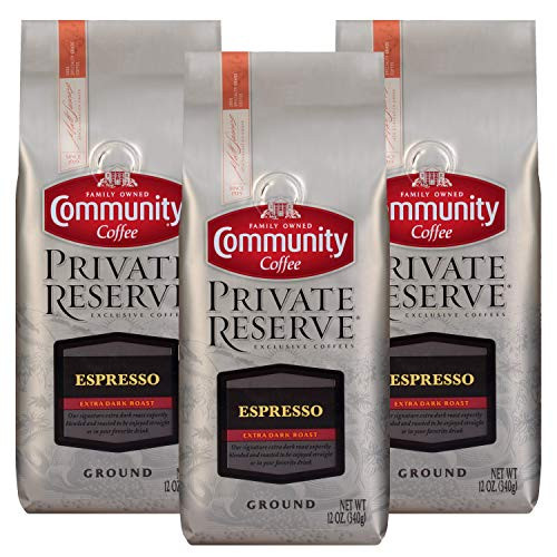 Community Coffee Espresso Blend Extra Dark Roast Gourmet Private Reserve Ground 12 Oz Bag (3 Pack), Full Body Rich Taste, 100% Specialty Grade Arabica Coffee Beans