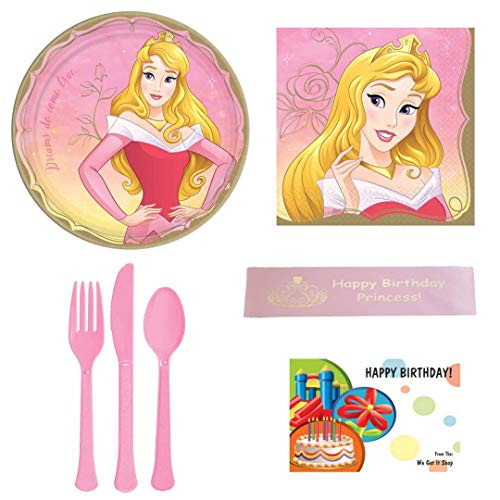 Disney Princess Aurora Birthday Party Supplies Bundle Including Plates, Napkins, Utensils, and a Printed Ribbon
