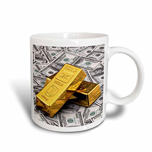 3dRose mug_155096_1 Gold bars bar bullion cash money dollar hundred bill bills bank note banknote finance concept Ceramic Mug, 11 oz, White