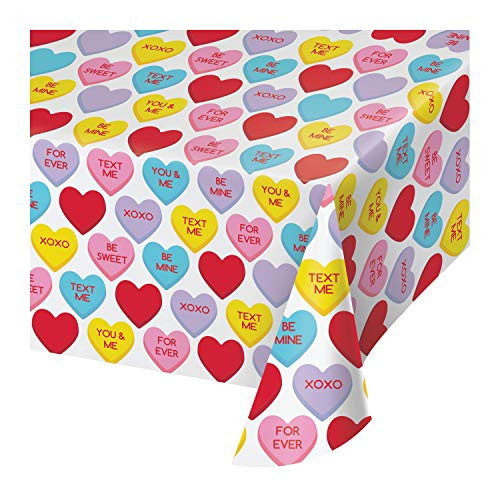 Creative Converting Candy Hearts Valentine's Day Plastic Tablecloth, 54" x 102", Multi-color