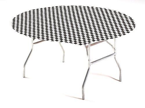 Creative Converting Round Stay Put Plastic Table Cover, 60-Inch, Black Check -