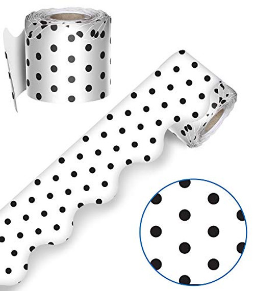 Schoolgirl Style | White with Black Dots Bulletin Board Borders | Scalloped, Rolled, 36ft