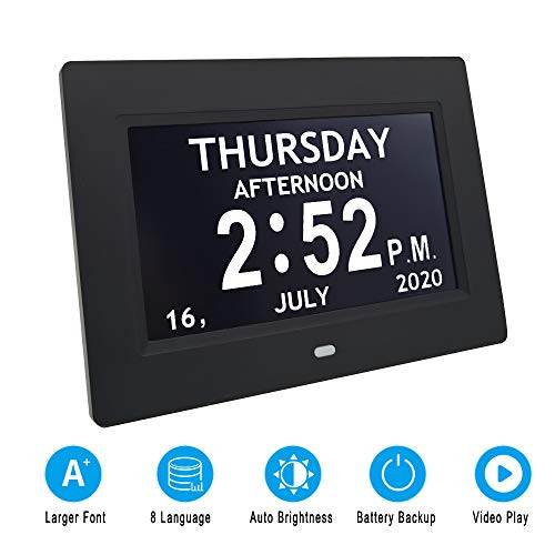 Digital Calendar Day Clock Photo Frame- Auto Dimmable Display 12 Alarm Options,Extra Large Impaired Vision Digital Clock with Non-Abbreviated Day & Month Alarm Clock (7 inch Black)