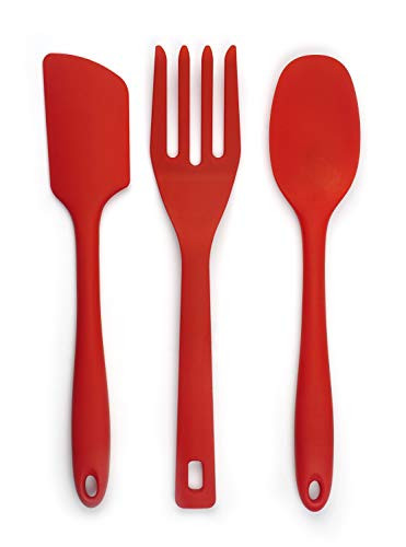 RSVP Ela Silicone Utensils, Spoon, Spatula, and Fork Set, Red