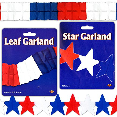 Red White and Blue Garland Party Decorations Pack -- Patriotic Garland, Stars and Leaf (24 Ft) (4th of July Party Decorations) (Red White Blue)