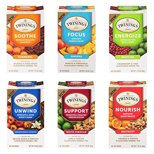 Twinings of London Daily Wellness Tea, Variety Pack, Flavored Herbal & Green Tea, 18 Count (Pack of 6)