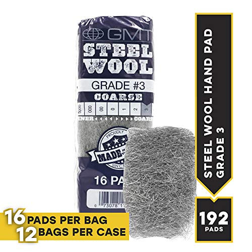 GMT Steel Wool #3 Coarse Grade Hand Pads (117006); Pack of 16 Pads (Case of 12 Packs); For Removing Paint, Varnish, Lacquer, Shellac, Rust, and Dirt