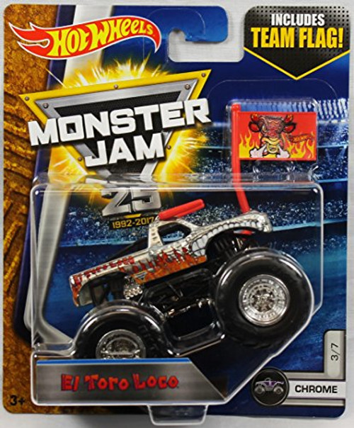 Hot Wheels Monster Jam 1:64 Scale Truck with Team Flag - El Toro Loco Chrome