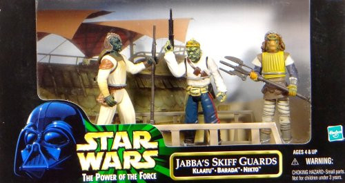 Star Wars 1998 The Power of The Force 3-Pack Movie Scene 4 Inch Tall Action Figure Set - Jabba's Skiff Guards with Klaatu, Barada and Nikto Figures Plus Display Base Star Wars 1998 The Power of The Force 3-Pack Movie Scene 4 Inch Tall Action Figure Set - Jabba's Skiff Guards with Klaatu, Barada and Nikto Figures Plus Display Base