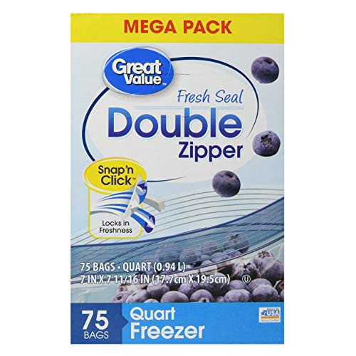 Great Value Double Zipper Freezer Bags, Mega Pack, Quart, 75 Count