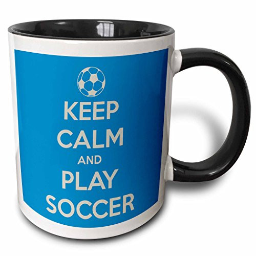 3dRose Keep clam and play soccer, Blue Mug, 11 oz, Black