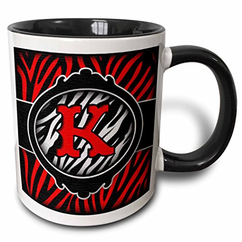 3dRose Wicked Red Zebra Initial Letter K Two Tone Mug, 11 oz, Black/White