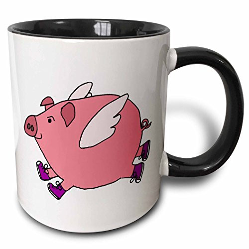 3dRose Funny Flying Pig Sneakers Mug, 11 oz, Black/Purple