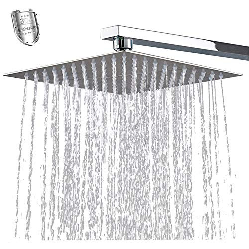 Conhee 12 Inches Square Rain Showerhead, Large Shower Head Made of 304 Stainless Steel, High Flow Rainfall Shower Head Ultra-Thin Pressure-Boosting Design, with Silicone Nozzle Anti-clog Anti-leak