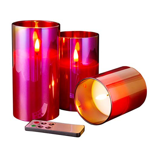 Eywamage Flickering Flameless Candles in Red Glass, Battery Operated LED Pillar Candles with Remote, Electric Fake Candles Set of 3, D 3" H 4" 5" 6" Eywamage Flickering Flameless Candles in Red Glass, Battery Operated LED Pillar Candles with Remote, Electric Fake Candles Set of 3, D 3" H 4" 5" 6"