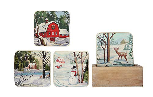 Creative Co-Op Square Resin Coasters in Wood Box, Multi