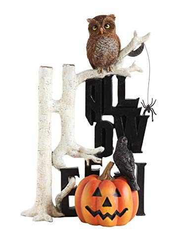 Creative Co-Op Resin Owl with Pumpkin Standing On Tree