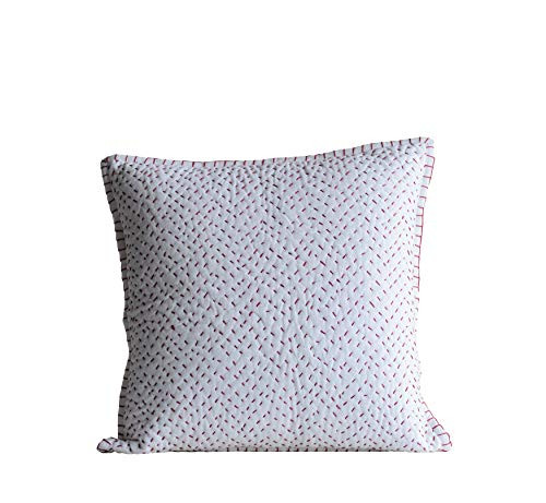 Creative Co-Op Square White Cotton Kantha Pillow with Red Lines