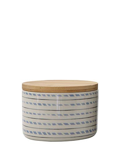 Creative Co-op White Stoneware Stripe, Blue Dash Pattern & Bamboo Lid Canister