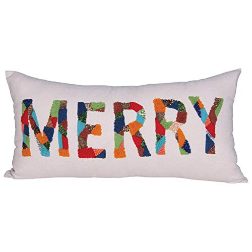 Creative Co-op Rectangle Merry Cotton Lumbar Appliqued Beads Pillows, Multi Color