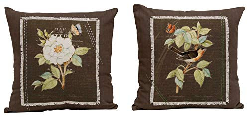 Creative Co-op Square Floral Embroidered Cotton Fringe Accent (Set of 2 Patterns) Pillows, Brown, 2 Count