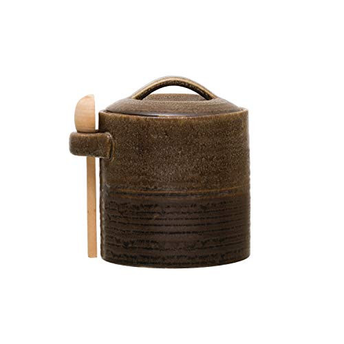 Creative Co-op Brown Stoneware Wood Spoon Canister, Mustard