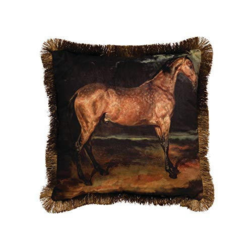Creative Co-op Square Fringe & Horse Fabric Pillow, Brown