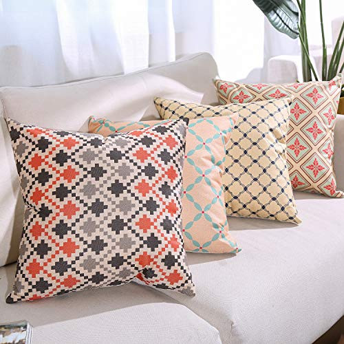 Tosewever Set of 4 Decorative Geometric 18 x 18 Inches Multicolor Throw Pillow Covers - Modern Pattern Linen Square Pillow Cushion Case for Sofa Couch Bed Home Outdoor Car (18" x 18", Multi)