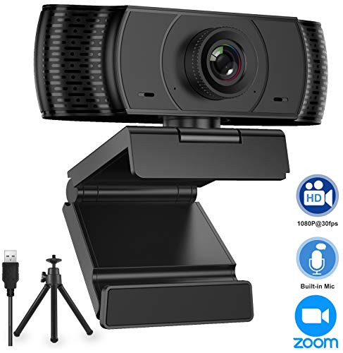 Webcam with Microphone for Desktop, Webcam for PC, HD 1080P Webcam for Laptop/MAC, Plug and Play USB Webcam for YouTube, Skype Video Calling, Studying, Conference, with Tripod and Webcam Cover Slide