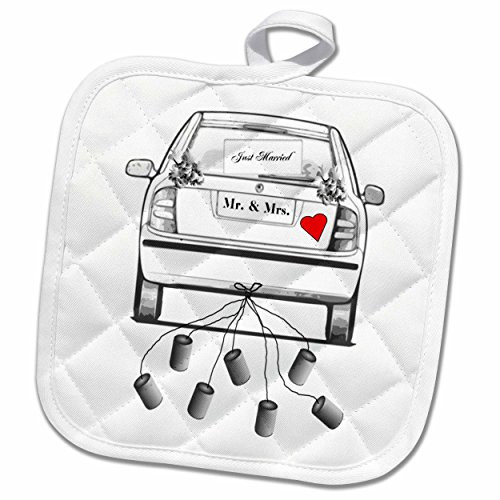 3D Rose Print of Car and Sign Just Married with Heart Pot Holder, 8 x 8