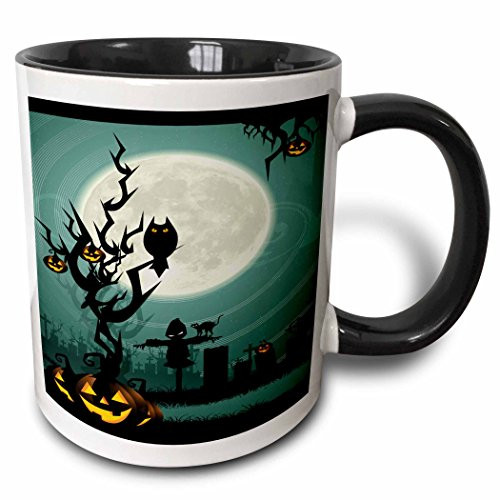 3dRose A Scary Halloween Scene with A Pumpkin, Haunted Tree Under A Big Moon Ceramic Mug, 11oz, Black/White