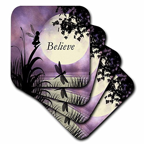 3dRose CST_35696_1 Believe, Fairy with Dragonflies with Moon and Purple Sky-Soft Coasters, Set of 4