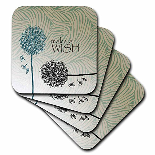 3dRose CST_63555_1 Inspired Teal Make a Wish Dandelion Flowers-Soft Coasters, Set of 4