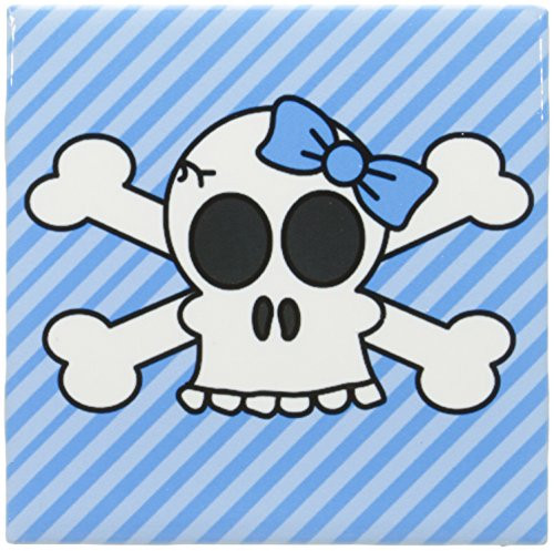 3dRose ct_24621_1 Cute Goth Punk Girl Skull with Bow and Crossbones Blue Stripes Ceramic Tile, 4-Inch