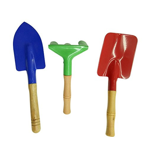 BESTOMZ 3Pcs Metal Kids Garden Tools Set with Sturdy Wooden Handle Safe Gardening Tools Trowel Rake Shovel for Children Kids (Random Color)