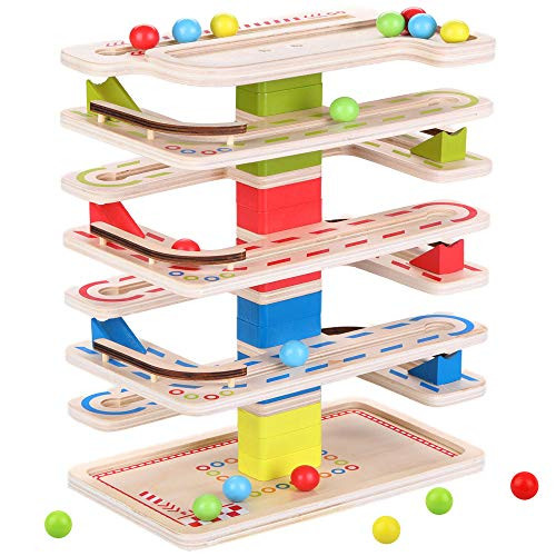 Migargle Marble Run ,Wooden Ball Ramp Track and Rolling Four-Tier Rolling Tower Wooden Toys for Kids 3+ Years