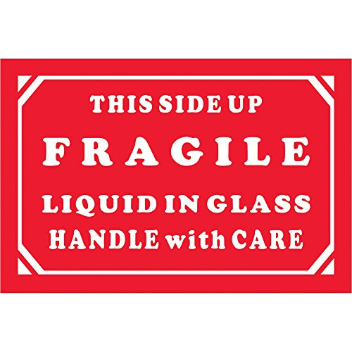 "Fragile - Liquid In Glass - Handle With Care" Labels/Stickers, 2" x 3", Red/White, 500 Labels Per Roll (1 Roll)