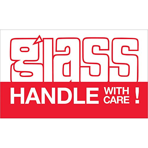 "Glass - Handle With Care" Labels/Stickers, 3" x 5", Red/White, 500 Labels Per Roll (1 Roll)