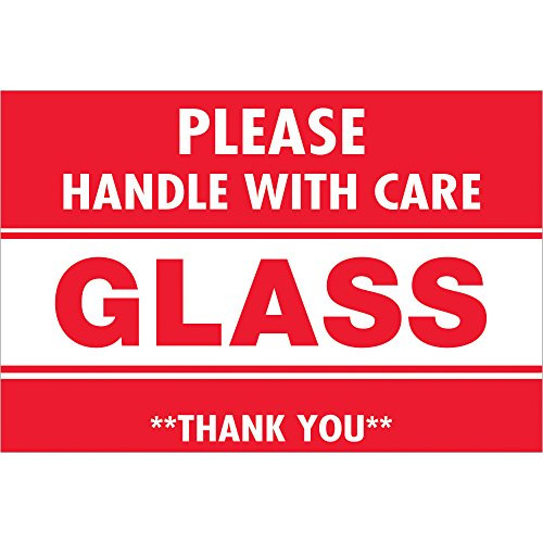 "Glass - Handle With Care" Labels/Stickers, 2" x 3", Red/White, 500 Labels Per Roll (1 Roll)