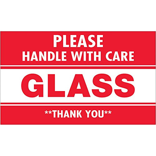 "Glass - Please Handle With Care" Labels/Stickers, 3" x 5", Red/White, 500 Labels Per Roll (1 Roll)