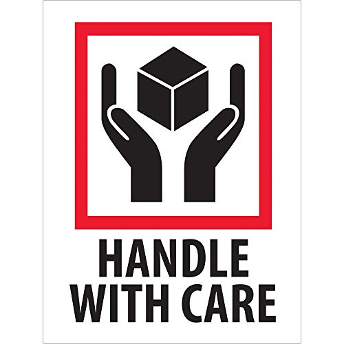 "Handle With Care" Labels/Stickers, 3" x 4", Red/White/Black, 500 Labels Per Roll (1 Roll)