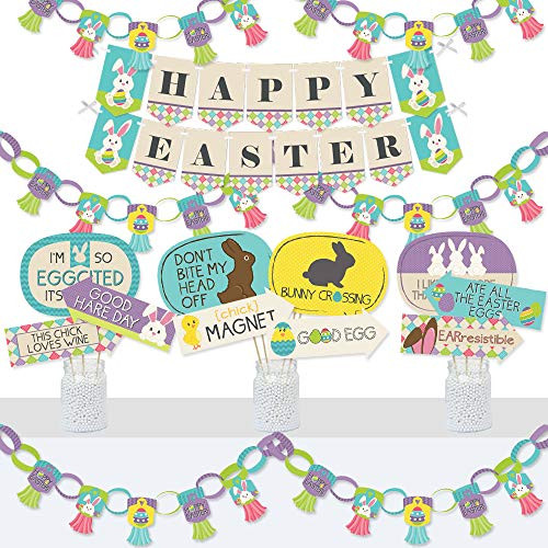 Big Dot of Happiness Hippity Hoppity - Banner and Photo Booth Decorations - Easter Bunny Party Supplies Kit - Doterrific Bundle