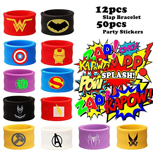 ATPADT 12PCS Superhero Slap Bracelet for Kids Boys & Girls - Superhero Birthday Party Supplies Favors - Super Hero Avengers Toys - Comic Super Hero Party Stickers (50 Pack) Carnival Prizes