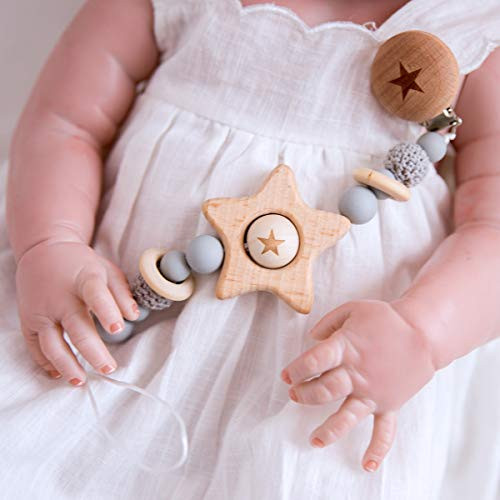 Wooden Star Printed Universal Pacifier Clip Chewable BPA Free Silicone Beads Smooth Holder Soft Crochet Beads Baby Teething Ring Rattle Toy Baby Nursing Accessories Teething Pain Relief