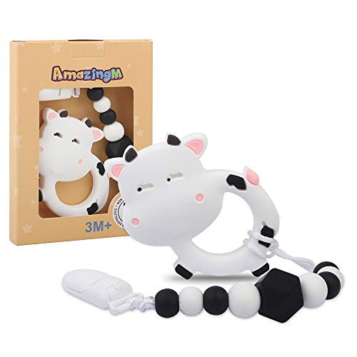 AmazingM Baby Teething Toys,Food Grade Silicone Teether Toy with Pacifier Clip Holder,BPA Free,Freezer Safe,Teething Egg for Infants and Toddlers (Cow)