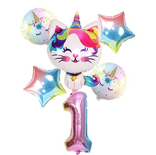 Hongkai Unicorn Cat 1st Birthday Boy Decoration Girl Supplies Foil Balloons Set,32inch Number 1 Mylar Balloons Happy Birthday Banner Baby First Birthday Party Supplies